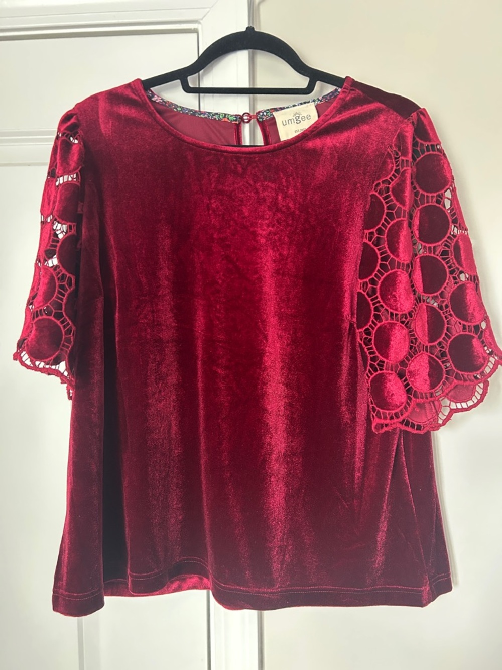 Umgee Burgundy Velvet Top with Crocheted Circle Sleeves